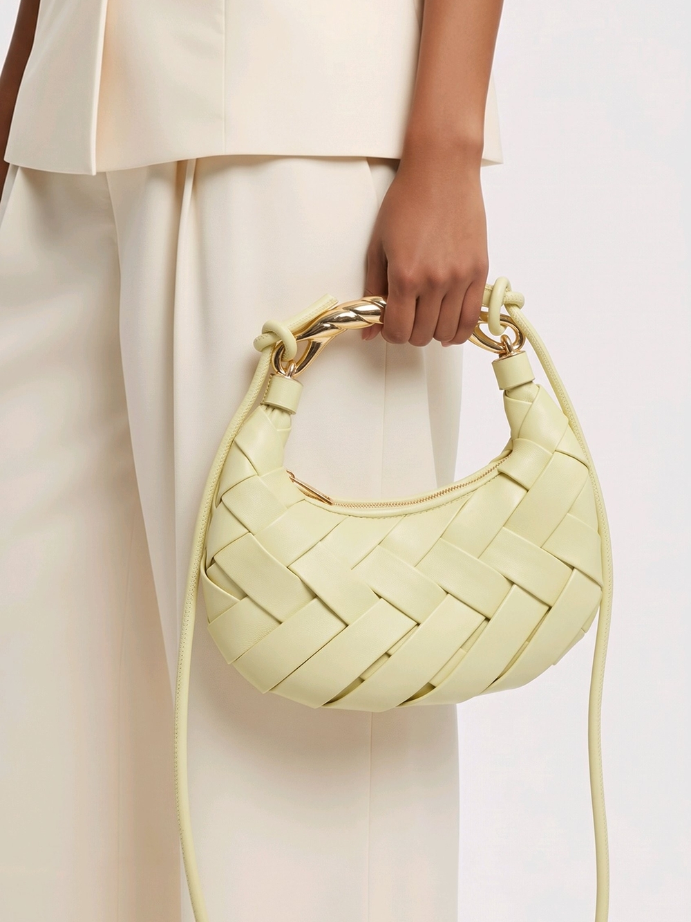 Urban Expressions Woven Crescent Shoulder Bag in Pale Lemon